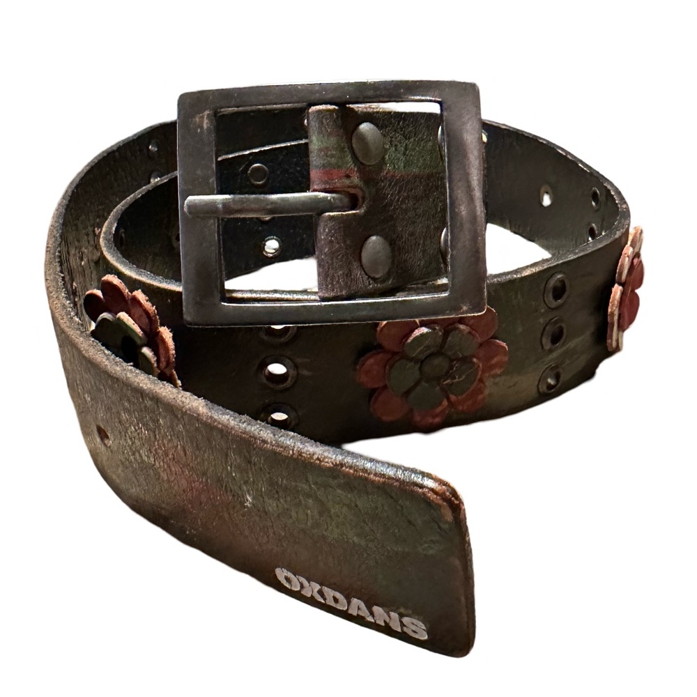 Oxdans handmade Argentinean belt W34 distressed brass buckle flowers painted‎